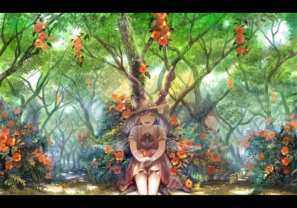 Anime picture 1500x1050 with original sime (echo) long hair open mouth brown hair sitting twintails eyes closed nature leg hug laughing girl dress flower (flowers) bow plant (plants) hat wings tree (trees) forest