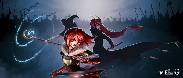 Anime picture 2100x900 with original pixiv fantasia pixiv fantasia fallen kings kohaku (ambermoe) long hair looking at viewer highres short hair open mouth red eyes wide image multiple girls red hair horn (horns) pointy ears back magic witch screaming army