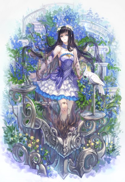 Anime picture 845x1227 with original ryuuzaki ichi single long hair tall image looking at viewer blush open mouth blue eyes black hair standing bare shoulders hair flower spread arms doll joints girl dress hair ornament flower (flowers) animal