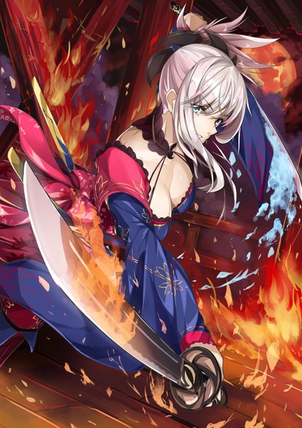 Anime picture 2480x3508 with fate (series) fate/grand order miyamoto musashi (fate) damow (myway83522) single long hair tall image fringe highres breasts hair between eyes holding cleavage silver hair upper body traditional clothes japanese clothes aqua eyes dual wielding asymmetrical hair