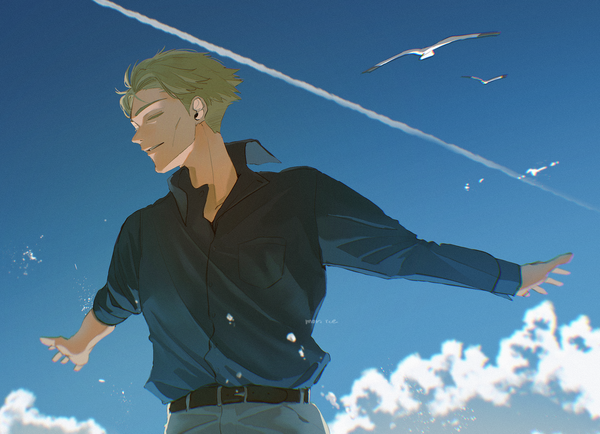 Anime picture 2918x2111 with jujutsu kaisen mappa nanami kento ice morinaka single highres short hair blonde hair sky cloud (clouds) upper body outdoors eyes closed profile spread arms condensation trail boy animal shirt belt