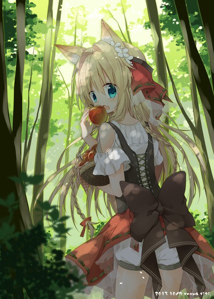 Anime picture 1072x1500 with original nana kusun single long hair tall image looking at viewer blush open mouth blue eyes blonde hair animal ears looking back girl dress bow plant (plants) tree (trees) fruit apple