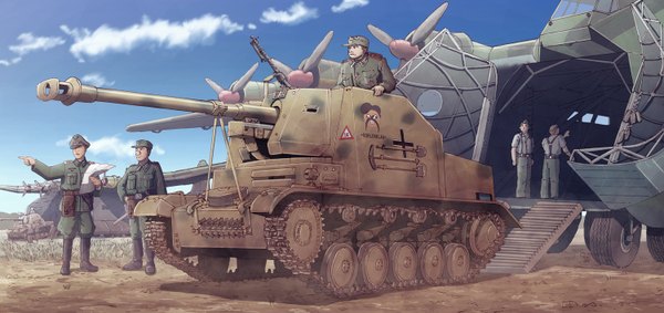 Anime picture 1500x708 with original earasensha wide image sky cloud (clouds) military weapon gun aircraft airplane caterpillar tracks