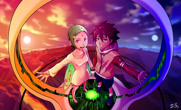 Anime picture 1400x855 with eureka seven studio bones eureka renton thurston as109 short hair brown hair wide image purple eyes barefoot green hair couple holding hands evening sunset girl boy hair ornament wings bobby pin