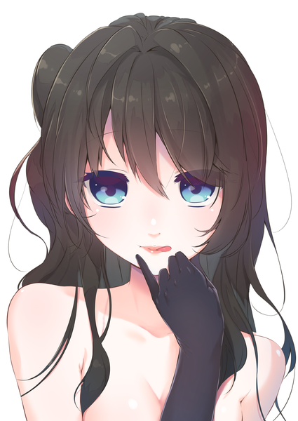 Anime picture 2508x3541 with tokyo 7th sisters tamasaka makoto mayuri kaichou single long hair tall image looking at viewer blush fringe highres breasts blue eyes light erotic black hair simple background white background bare shoulders aqua eyes nude lips