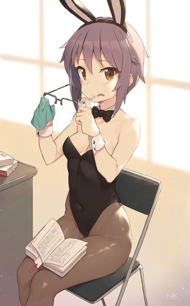 Anime picture 2058x3308 with suzumiya haruhi no yuutsu kyoto animation nagato yuki cloba single tall image looking at viewer highres short hair breasts light erotic sitting bare shoulders holding brown eyes signed animal ears payot cleavage purple hair