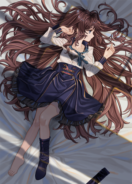 Anime picture 1077x1500 with original luicent single tall image fringe blue eyes brown hair payot looking away bent knee (knees) lying very long hair profile barefoot sunlight shadow on back frilly skirt girl skirt