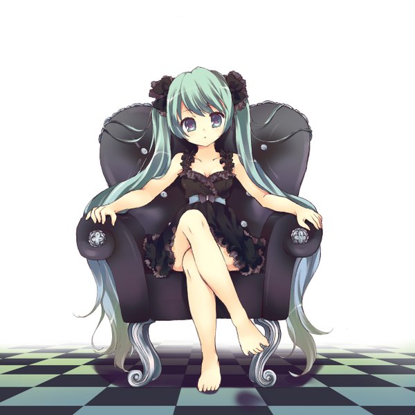 Anime picture 1250x1250 with vocaloid hatsune miku open mouth sitting twintails very long hair barefoot aqua eyes checkered floor girl dress belt black dress short dress armchair