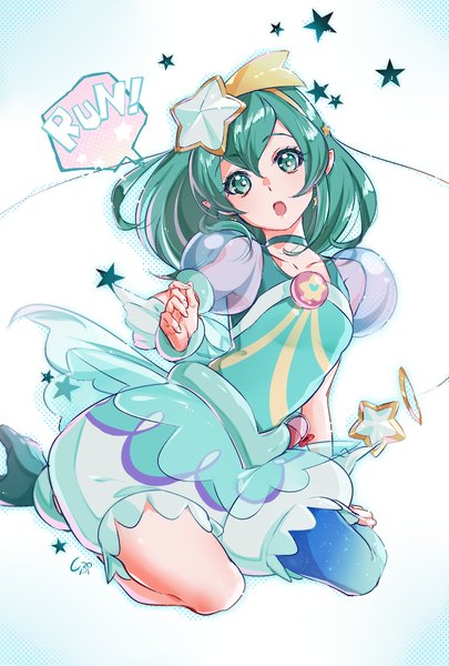 Anime picture 1377x2039 with precure star twinkle precure toei animation hagoromo lala cure milky shipu (gassyumaron) single tall image looking at viewer fringe short hair open mouth hair between eyes head tilt aqua eyes aqua hair :o puffy sleeves magical girl girl
