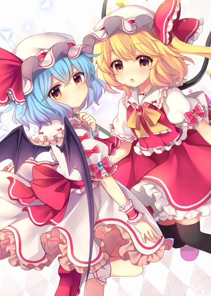 Anime picture 2144x3000 with touhou flandre scarlet remilia scarlet ruhika tall image looking at viewer highres open mouth blonde hair multiple girls blue hair :o short sleeves orange eyes puffy sleeves one side up siblings bat wings sisters girl