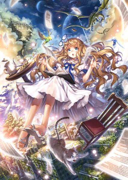 Anime picture 2048x2886 with original hagure keg single long hair tall image highres blue eyes blonde hair :o city wavy hair cityscape fantasy weightlessness curly hair shoe dangle floating island girl dress ribbon (ribbons)
