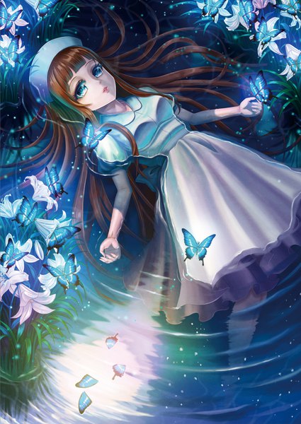 Anime picture 800x1130 with original madopen single long hair tall image fringe blue eyes brown hair looking away outdoors lying blunt bangs parted lips from above lips night partially submerged reflection afloat girl