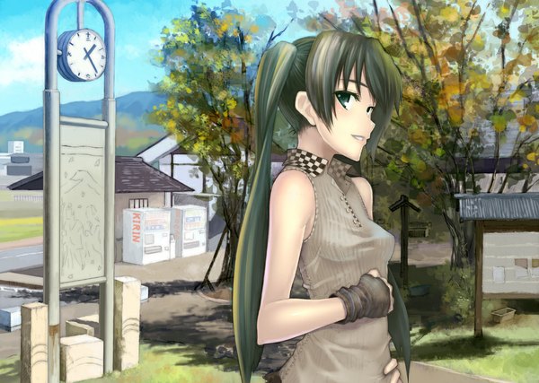 Anime picture 1000x713 with vocaloid hatsune miku tobimaru (artist) single long hair twintails green eyes green hair girl plant (plants) tree (trees) vest clock