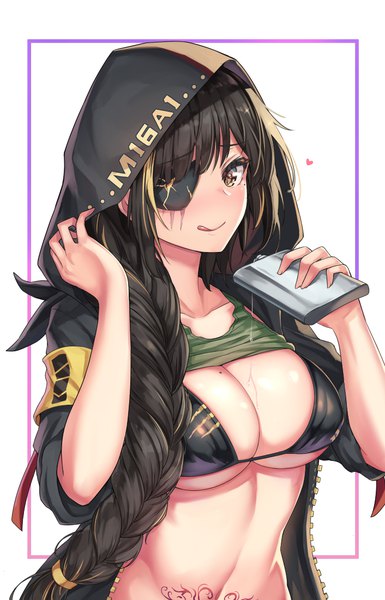 Anime picture 706x1100 with girls frontline m16a1 (girls frontline) cenangam single long hair tall image looking at viewer blush fringe breasts light erotic black hair simple background large breasts standing white background holding brown eyes cleavage braid (braids)