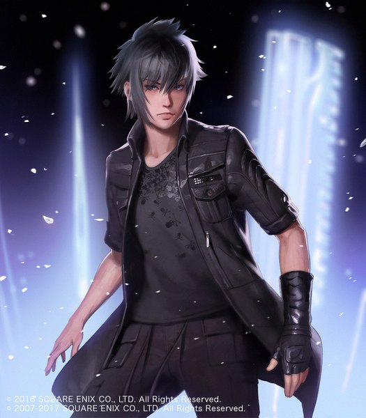 Anime picture 1080x1234 with final fantasy final fantasy xv square enix noctis lucis caelum ilya kuvshinov single tall image looking at viewer fringe short hair hair between eyes standing grey hair realistic open jacket official art grey eyes watermark boy jacket