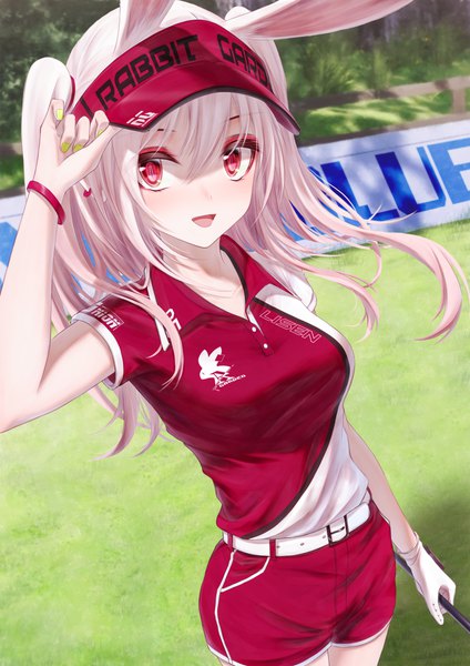 Anime picture 2894x4093 with tsumi no hahen (debris) lisen (bae.c) bae.c single long hair tall image looking at viewer blush fringe highres open mouth smile hair between eyes red eyes standing holding animal ears outdoors white hair nail polish