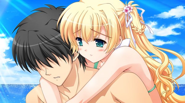 Anime-Bild 1024x576 mit yukiiro blush black hair blonde hair wide image green eyes game cg hug girl boy