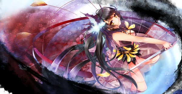 Anime picture 1535x800 with original krr (strib und werde) single long hair light erotic black hair wide image yellow eyes girl dress hair ornament weapon sword katana blood