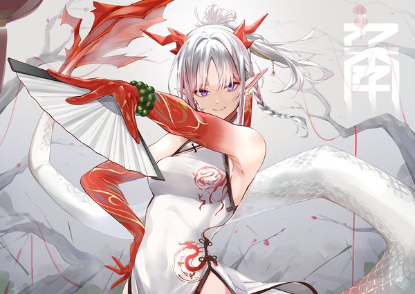 Anime picture 1800x1274 with arknights nian (arknights) nian (unfettered freedom) (arknights) cno single long hair looking at viewer highres smile purple eyes silver hair upper body ponytail tail traditional clothes horn (horns) pointy ears sleeveless hand on hip official alternate costume