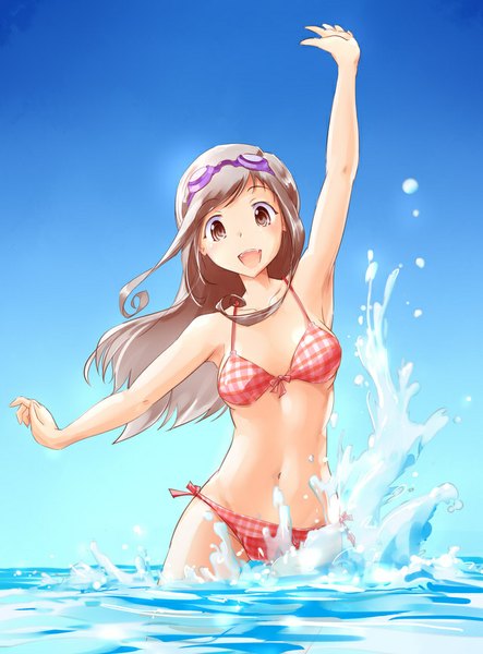 Anime picture 640x867 with original tomoko (mousoup) mousoup single long hair tall image looking at viewer open mouth brown hair brown eyes payot sky spread arms goggles on head girl swimsuit bikini sea goggles splashes
