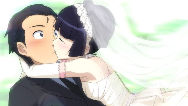 Anime picture 1280x720 with ore no imouto ga konna ni kawaii wake ga nai gokou ruri kousaka kyousuke short hair blue eyes black hair wide image game cg eyes closed couple kiss wedding girl dress boy gloves elbow gloves wedding dress wedding veil