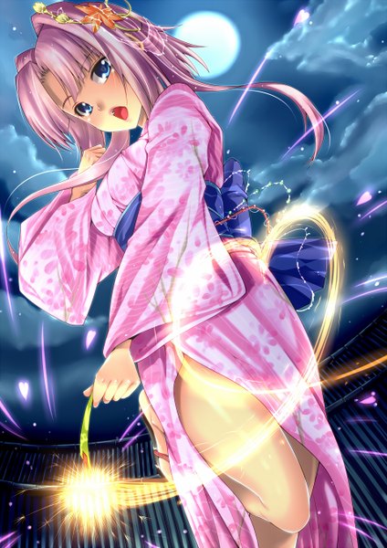Anime picture 954x1350 with koihime musou doga kobo sonken amasora taichi single long hair tall image blush open mouth blue eyes pink hair cloud (clouds) traditional clothes japanese clothes night girl hair ornament kimono moon obi
