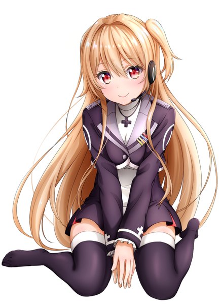 Anime picture 2550x3507 with virtual youtuber game club project yumesaki kaede sonoji-s single long hair tall image blush fringe highres simple background blonde hair smile hair between eyes red eyes white background sitting full body no shoes one side up