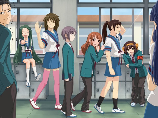 Anime picture 1280x960 with suzumiya haruhi no yuutsu kyoto animation suzumiya haruhi nagato yuki asahina mikuru kyon koizumi itsuki tsuruya asakura ryouko kyonko taniguchi long hair blush very long hair teeth fang (fangs) tears pointing parody laughing