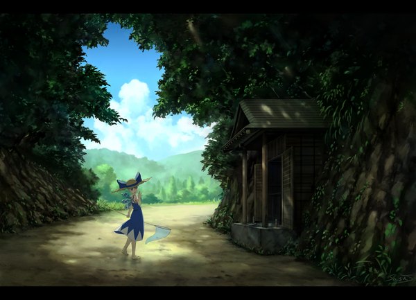 Anime picture 3673x2652 with touhou cirno sasaj single looking at viewer highres short hair open mouth blue eyes smile signed blue hair absurdres sky cloud (clouds) full body outdoors looking back sunlight shadow