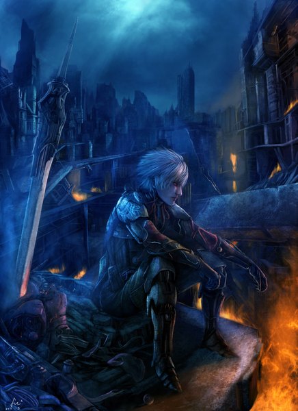 Anime picture 1395x1920 with original fufu single tall image fringe short hair red eyes sitting signed looking away outdoors white hair lips night night sky city blue background cityscape ruins bloody weapon