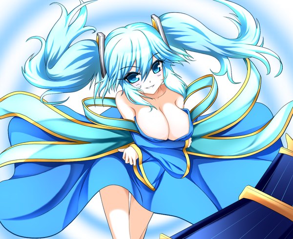 Anime picture 1100x900 with league of legends sona buvelle adon (pixiv id4564821) single long hair looking at viewer breasts blue eyes light erotic large breasts twintails bare shoulders blue hair girl dress detached sleeves harp