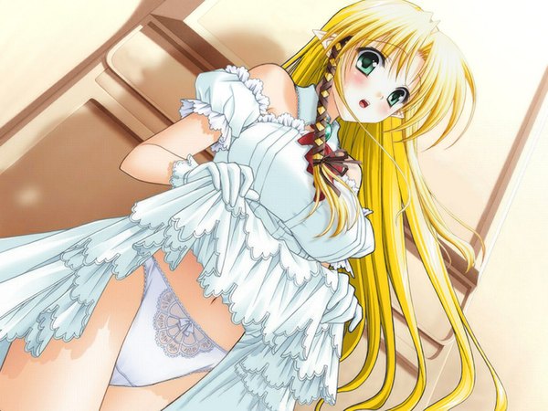 Anime picture 1024x768 with shuffle! kareha suzuhira hiro long hair blush light erotic blonde hair green eyes pointy ears dress lift dress gloves underwear panties ribbon (ribbons)