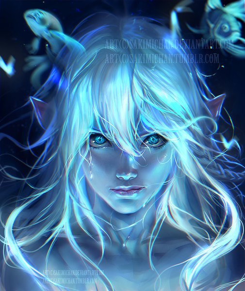 Anime-Bild 1000x1187 mit original sakimichan single long hair tall image looking at viewer fringe blue eyes simple background smile hair between eyes bare shoulders signed upper body white hair braid (braids) lips pointy ears blurry realistic