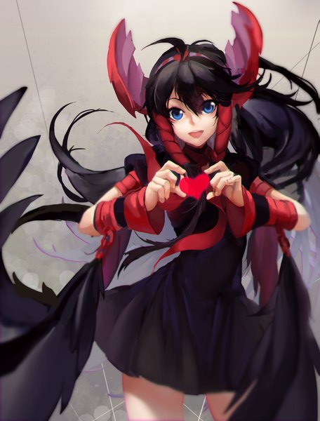 Anime-Bild 1447x1902 mit puzzle & dragons nephthys (p&d) orokanahime single long hair tall image looking at viewer fringe open mouth blue eyes black hair smile standing ahoge :d wind grey background heart hands girl dress