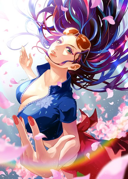 Anime picture 647x900 with one piece toei animation nico robin moroi single long hair tall image looking at viewer breasts blue eyes light erotic black hair large breasts cleavage nail polish fingernails wind blurry short sleeves spread arms
