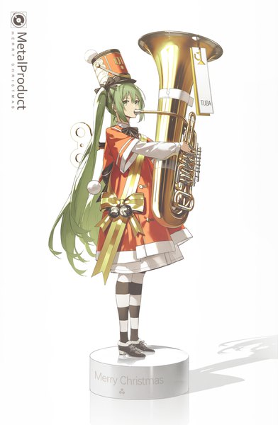 Anime picture 2973x4548 with vocaloid hatsune miku kieed single long hair tall image looking at viewer highres standing white background twintails holding green eyes full body green hair shadow christmas striped merry christmas playing instrument