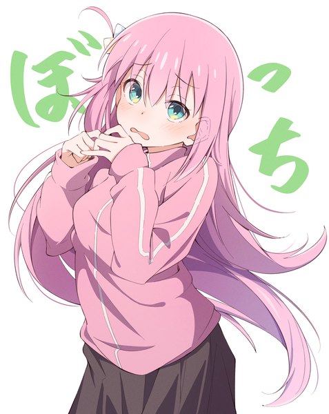 Anime picture 1493x1878 with bocchi the rock! cloverworks gotou hitori eito12 single long hair tall image blush fringe open mouth simple background hair between eyes white background pink hair aqua eyes one side up girl track jacket