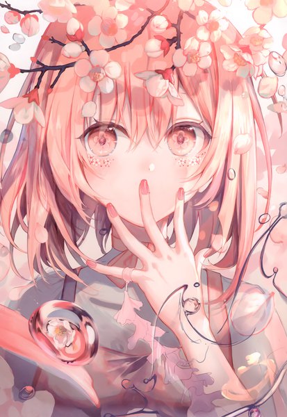 Anime picture 2071x3007 with original crystal collection (artbook) kouyafu single tall image looking at viewer blush fringe highres short hair hair between eyes pink hair upper body nail polish pink eyes scan cherry blossoms facial mark symbol-shaped pupils portrait
