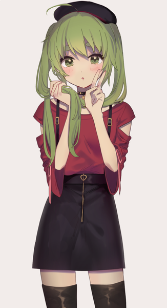 Anime picture 600x1103 with original yuyupo single long hair tall image looking at viewer blush fringe simple background standing twintails green eyes payot ahoge green hair grey background wide sleeves :o symbol-shaped pupils victory