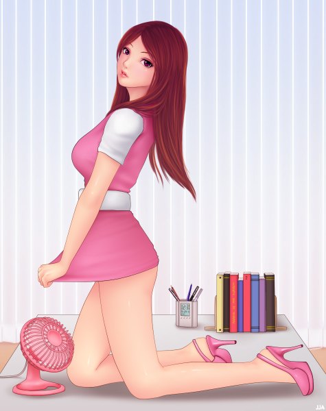 Anime picture 950x1200 with khalitzburg single long hair tall image looking at viewer blush open mouth red eyes sitting red hair profile barefoot light smile lips kneeling turning head upskirt girl shoes book (books)