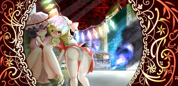 Anime picture 4500x2200 with touhou flandre scarlet remilia scarlet toine hoko looking at viewer highres short hair open mouth light erotic red eyes wide image multiple girls blue hair absurdres ass ponytail looking back side ponytail cameltoe siblings
