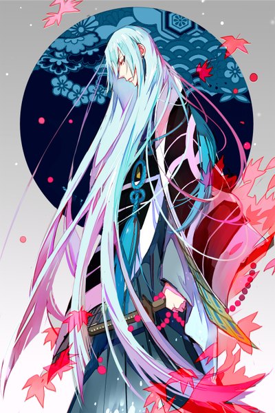 Anime picture 1000x1500 with touken ranbu nitroplus kousetsu samonji niaoniao single tall image looking at viewer fringe standing holding very long hair traditional clothes head tilt japanese clothes profile multicolored hair lips aqua hair gradient hair boy