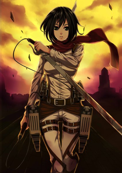 Anime picture 1500x2121 with shingeki no kyojin production i.g mikasa ackerman norelle.n single tall image looking at viewer short hair black hair holding sky black eyes dual wielding girl weapon sword scarf blood red scarf debris