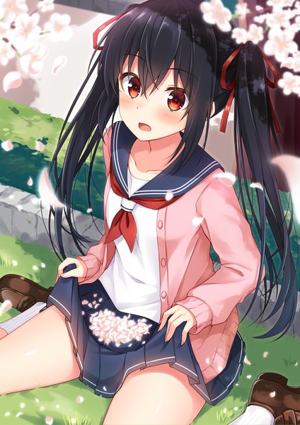 Anime picture 867x1227 with original komori kuzuyu single long hair tall image looking at viewer blush fringe open mouth black hair hair between eyes red eyes sitting twintails payot full body bent knee (knees) outdoors pleated skirt wind