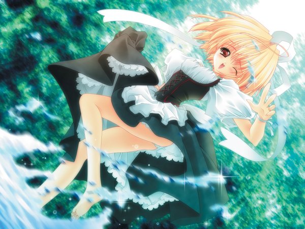 Anime picture 1600x1200 with moldavite stella arista amamiya poran highres short hair blonde hair brown eyes game cg maid water