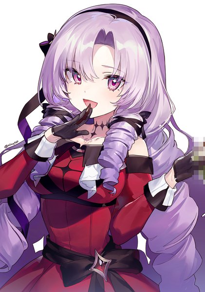 Anime picture 1000x1424 with virtual youtuber nijisanji hyakumantenbara salome hyakumantenbara salome (1st costume) ainy single long hair tall image looking at viewer open mouth simple background white background purple eyes purple hair upper body :d censored drill hair hand to mouth mosaic censoring