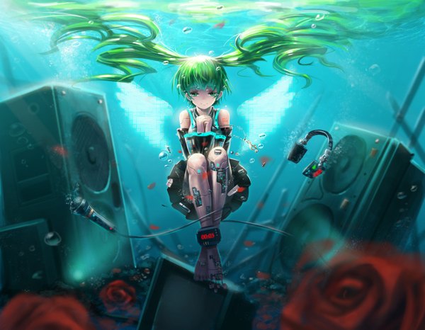 Anime picture 1286x1000 with vocaloid hatsune miku saber 01 single long hair smile twintails aqua eyes aqua hair underwater girl detached sleeves petals wings water headphones rose (roses) microphone speakers