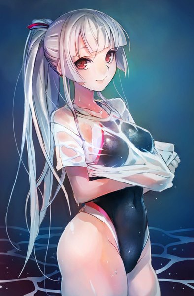 Anime picture 1116x1700 with original tsuru-chan taishi (picchiridou) single long hair tall image looking at viewer light erotic red eyes white hair ponytail covered navel wet clothes girl swimsuit water one-piece swimsuit competition swimsuit black swimsuit