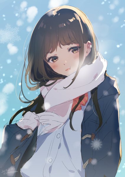 Anime picture 1157x1637 with original morikura en single long hair tall image blush fringe brown hair brown eyes upper body blunt bangs snowing winter blue background exhalation frown :t girl uniform school uniform