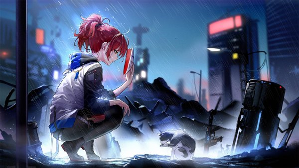 Anime picture 1920x1080 with arknights exusiai (arknights) tameiki single fringe highres short hair hair between eyes wide image holding yellow eyes full body ahoge outdoors ponytail red hair profile night wallpaper city